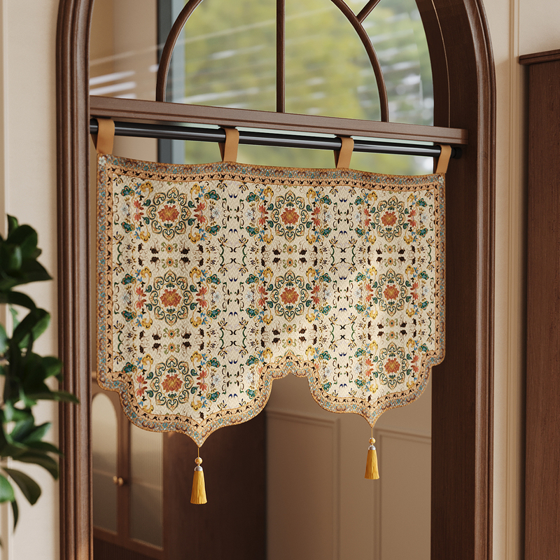 American-Style Retro Irregular Door Curtain, Bedroom Hanging Curtain, No-Drill Decorative Short Curtain, Living Room Partition Curtain, Blocking Curtain