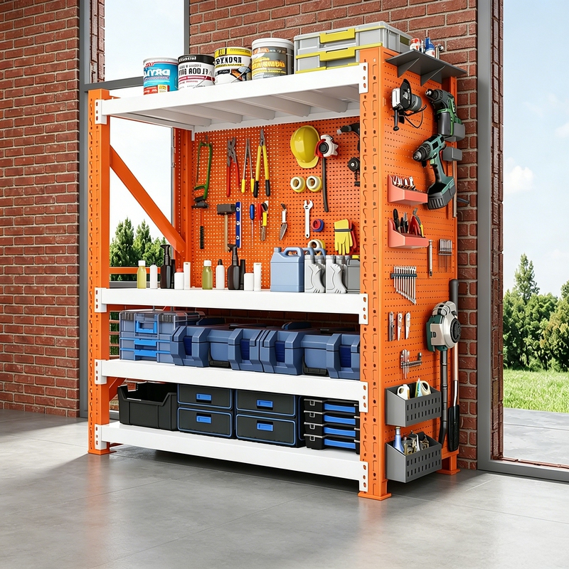 Orange and White Storage Shelves with Side Perforated Panels and Back Panels, Tool Storage Rack, Multi-Layer Storage Rack for Home Warehouse Orange and White Storage Shelves with Side Perforated Panels and Back Panels, Tool Storage Rack, Multi-Layer Storage Rack for Home Warehouse