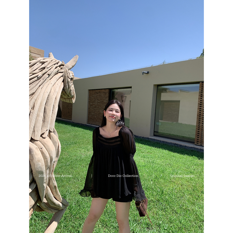 Dcccdic Chen Dian Dian's "Appointment with Style: French Lace Hollow Square Neck Flared Sleeve Chiffon Blouse, Autumn Long Sleeve Top Dcccdic Chen Dian Dian's "Appointment with Style: French Lace Hollow Square Neck Flared Sleeve Chiffon Blouse, Autumn Long Sleeve Top