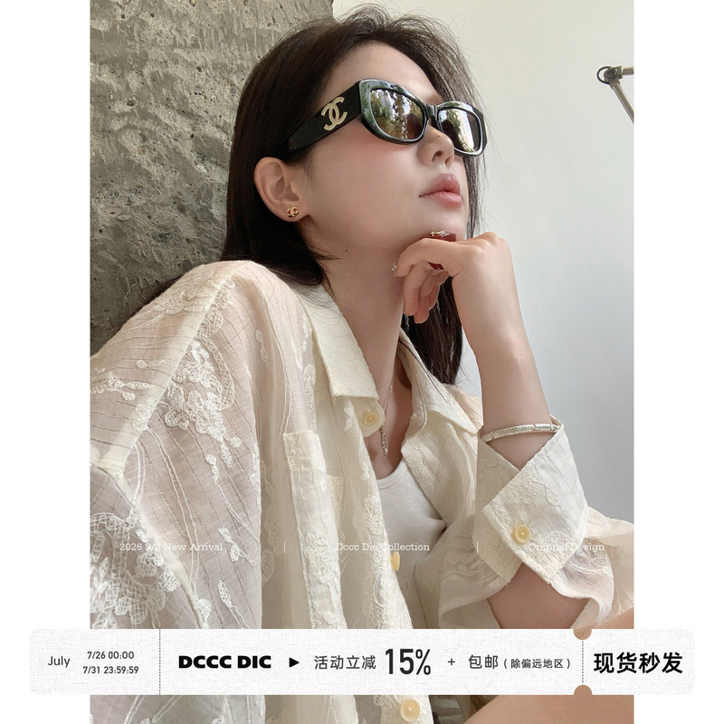 Dcccdic Chen Dian Dian's "Peninsula White Tea" Heavy Embroidery Lace Shirt, Summer Loose-Fitting, Slightly Sheer, Sun-Protective Top