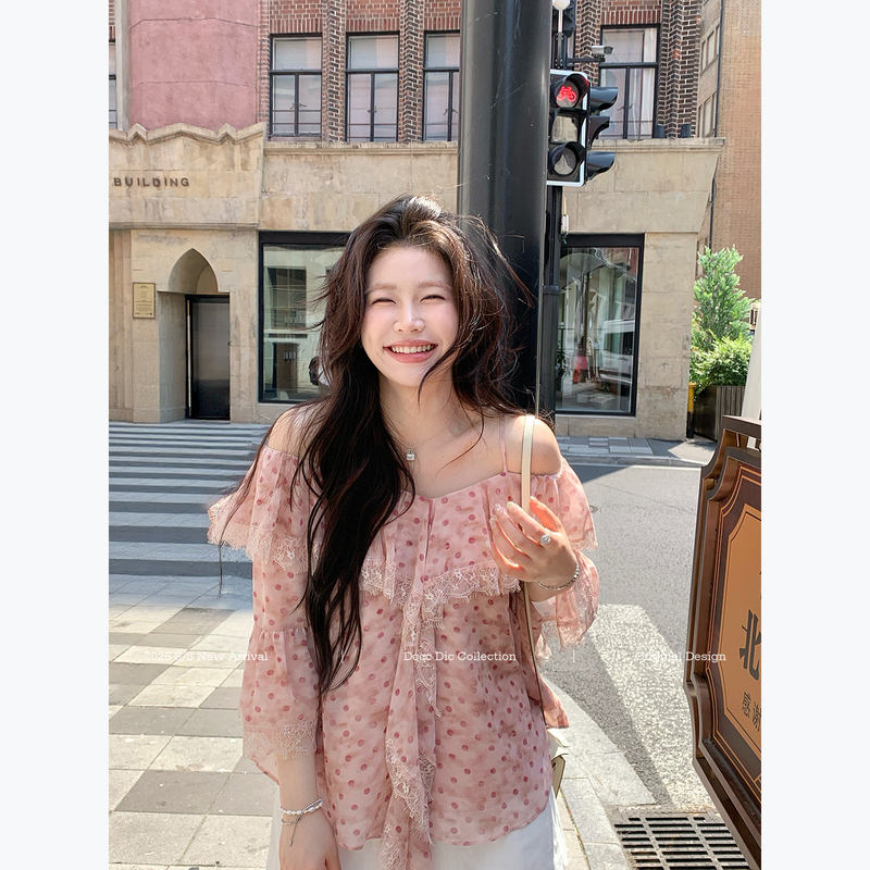 Dcccdic Chen Dian Dian's "Heart-Beatingly Beautiful" Korean-Style Gentle Atmosphere Lace Chiffon Shirt, Summer Two-Way Wear Top