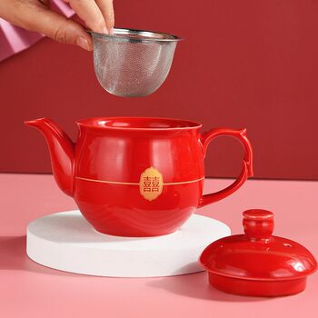 Dowry tea set ceramic red wedding teacup teapot wedding gift high-end chinese red glaze tea set