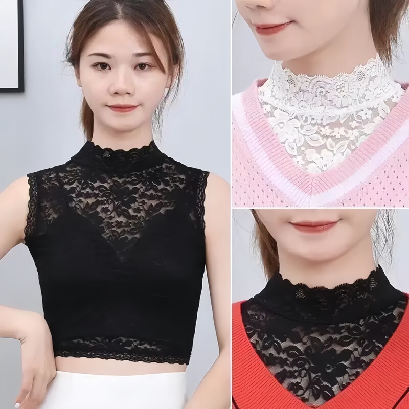 Women's Shirt with Detachable Collar, Korean Style, Stylish Half-High Collar, Lace Base, Multifunctional Decorative Collar, Lace Trim Neck Scarf