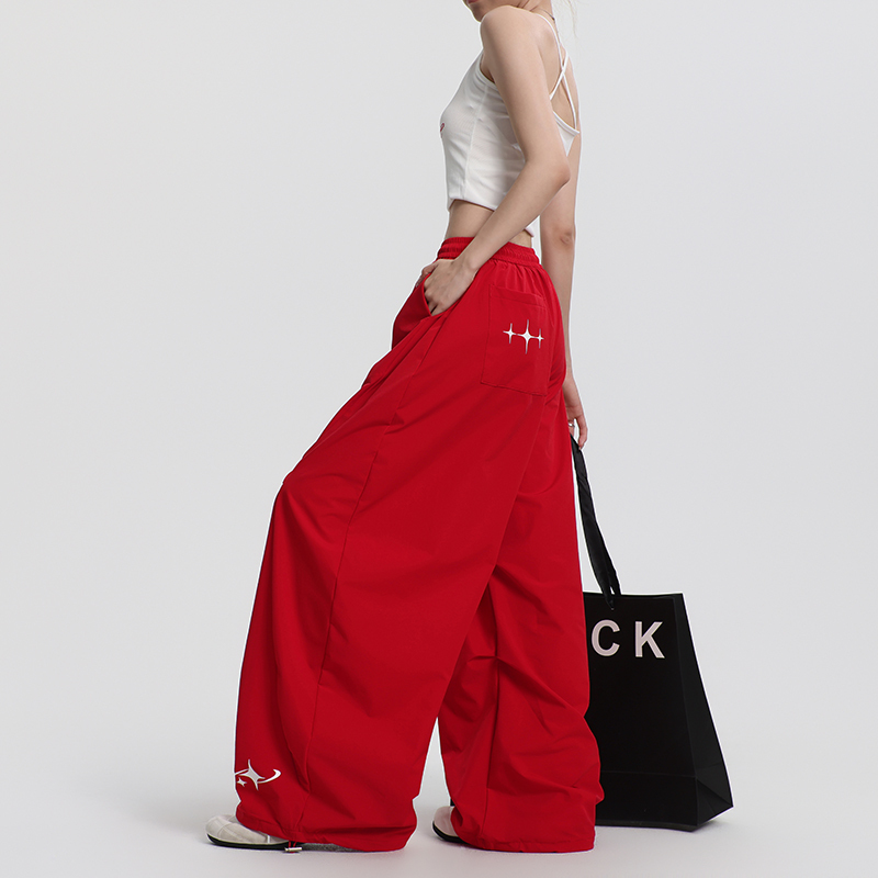 2026 Summer New Style Red Cargo Pants for Women, Loose Casual Wide-Leg Pants, Tall Women's Sports Pants, Jazz Dance Pants