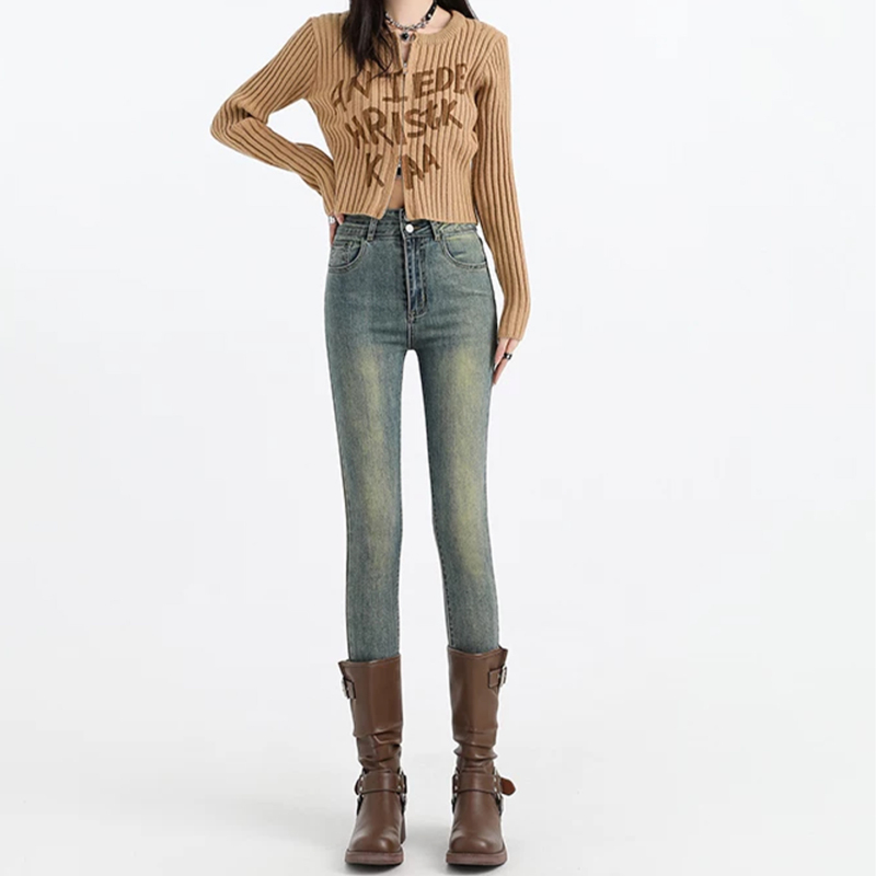 High-Waisted Women's Jeans 2026 Autumn and Winter New Style Fleece-Lined Regular Stretch Slim-Fit Skinny Pants