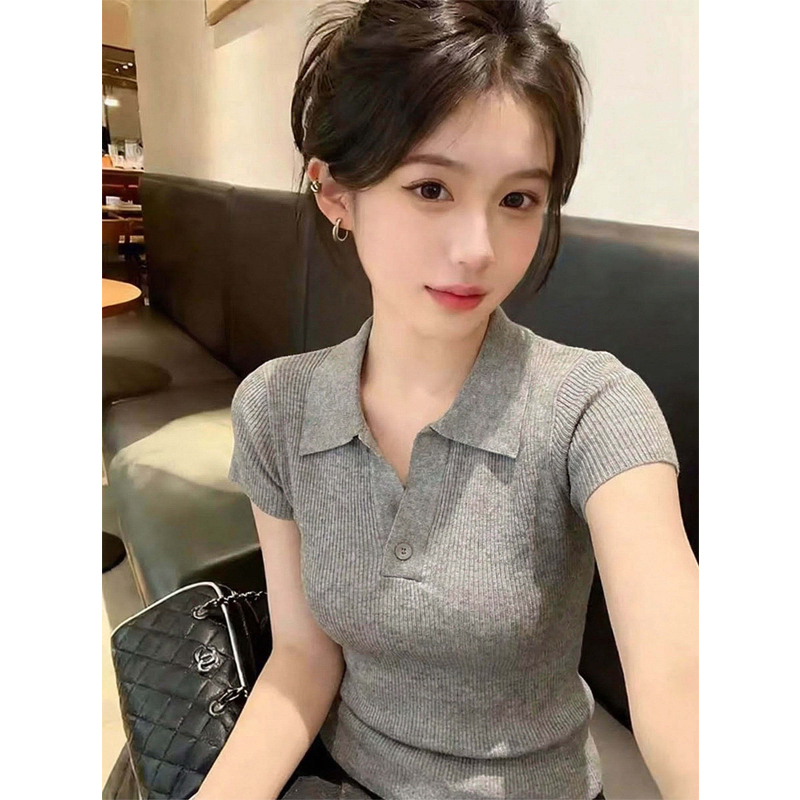Gray Lapel Ice Silk Knitted Short-Sleeved T-Shirt for Women 2026 Summer Slim Fit Elegant Work Clothing Versatile Top Gray Lapel Ice Silk Knitted Short-Sleeved T-Shirt for Women 2026 Summer Slim Fit Elegant Work Clothing Versatile Top