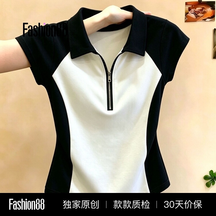 Patchwork Color-Blocking Slim-Fit Pure Cotton Polo Shirt for Women with a Turn-Down Collar, Raglan Short Sleeves, and Zipper, Summer Top Patchwork Color-Blocking Slim-Fit Pure Cotton Polo Shirt for Women with a Turn-Down Collar, Raglan Short Sleeves, and Zipper, Summer Top