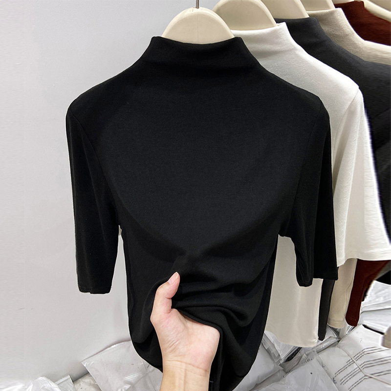 Black Half-High Collar Mid-Sleeve T-Shirt for Women, 2026 Spring/Summer Modal Base Layer Top with Five-Quarter Sleeves Black Half-High Collar Mid-Sleeve T-Shirt for Women, 2026 Spring/Summer Modal Base Layer Top with Five-Quarter Sleeves