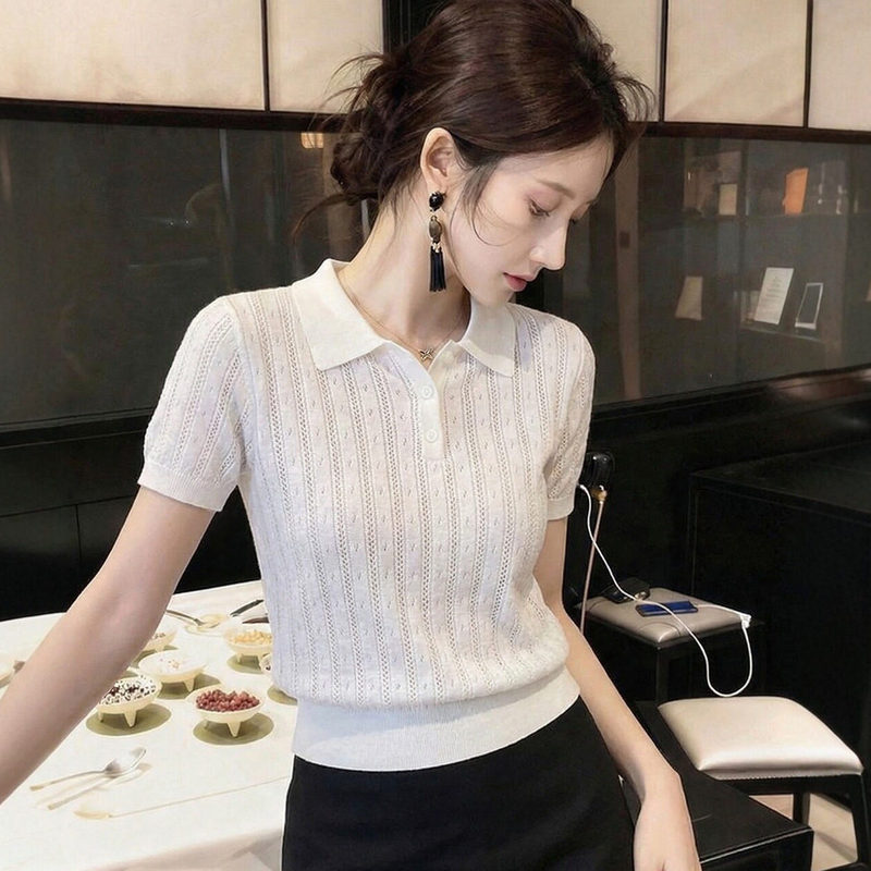 Korean-Style Lapel Hollow-Out Knit Short-Sleeve T-Shirt for Women, Summer Slim-Fit Unique and Beautiful Ice Silk Top Korean-Style Lapel Hollow-Out Knit Short-Sleeve T-Shirt for Women, Summer Slim-Fit Unique and Beautiful Ice Silk Top