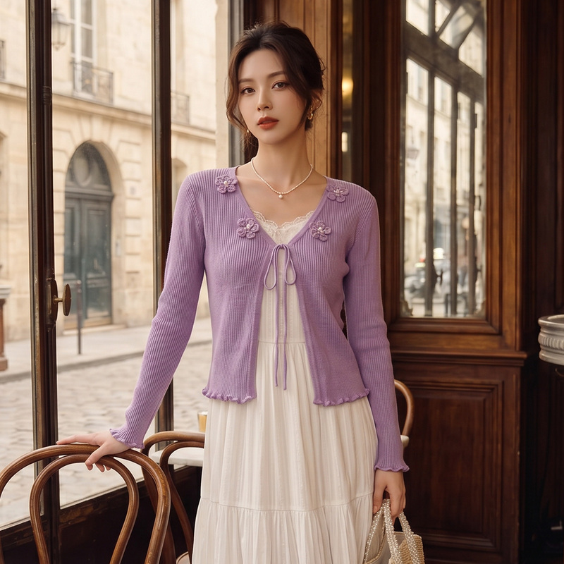 Knitted Sun Protection Shawl Cardigan for Women, Niche Floral Thin Long-Sleeved Top