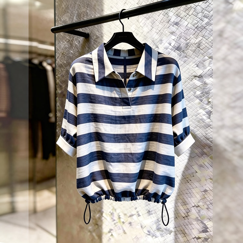 2026 Summer Korean Style Striped Top with Contrasting Color, Turn-Down Collar, Drawstring, Loose Fit, Slimming, Stylish Short-Sleeve Shirt 2026 Summer Korean Style Striped Top with Contrasting Color, Turn-Down Collar, Drawstring, Loose Fit, Slimming, Stylish Short-Sleeve Shirt