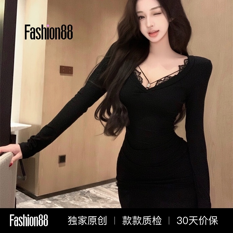 Pure Desire Lace V-Neck Long Sleeve Dress for Women 2026 Autumn New Slim Fit Sexy Slimming Bodycon Short Dress