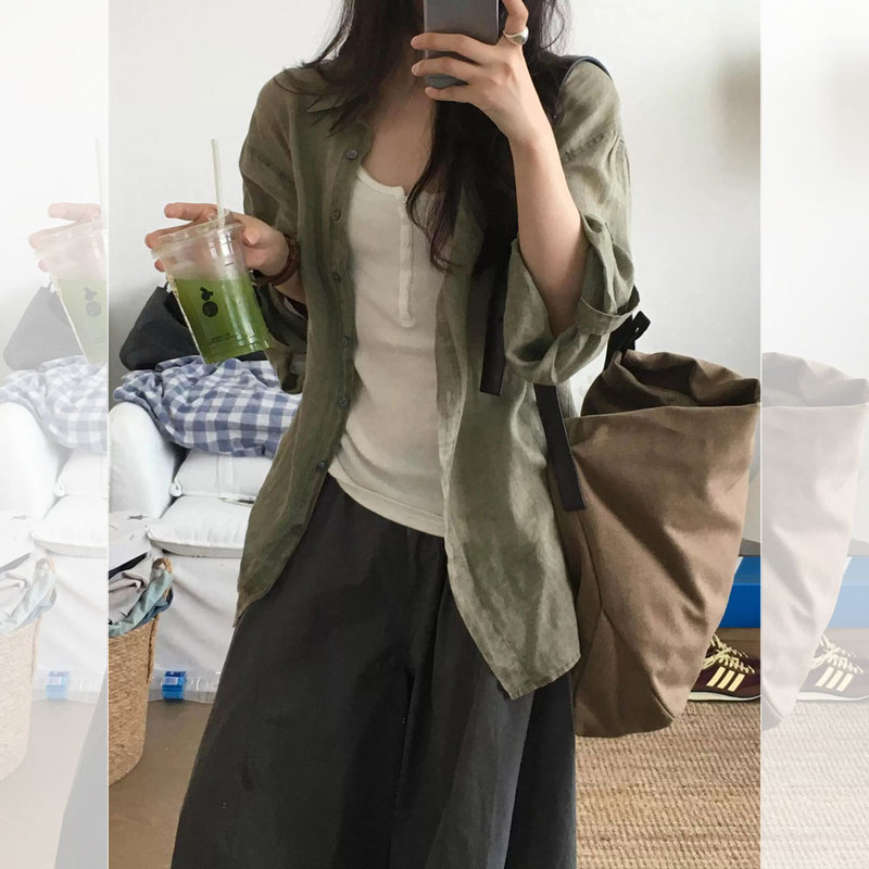 Retro Military Green Long-Sleeved Lapel Shirt for Women, Summer Thin Jacket, Sun Protection Shirt, Casual Linen Top