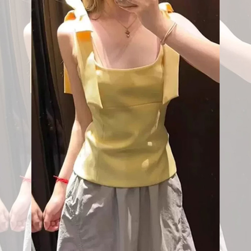 Yellow Bow Square-Neck Camisole for Women, Summer 2026 New Design, Niche Style, Slim-Fit Sleeveless Top