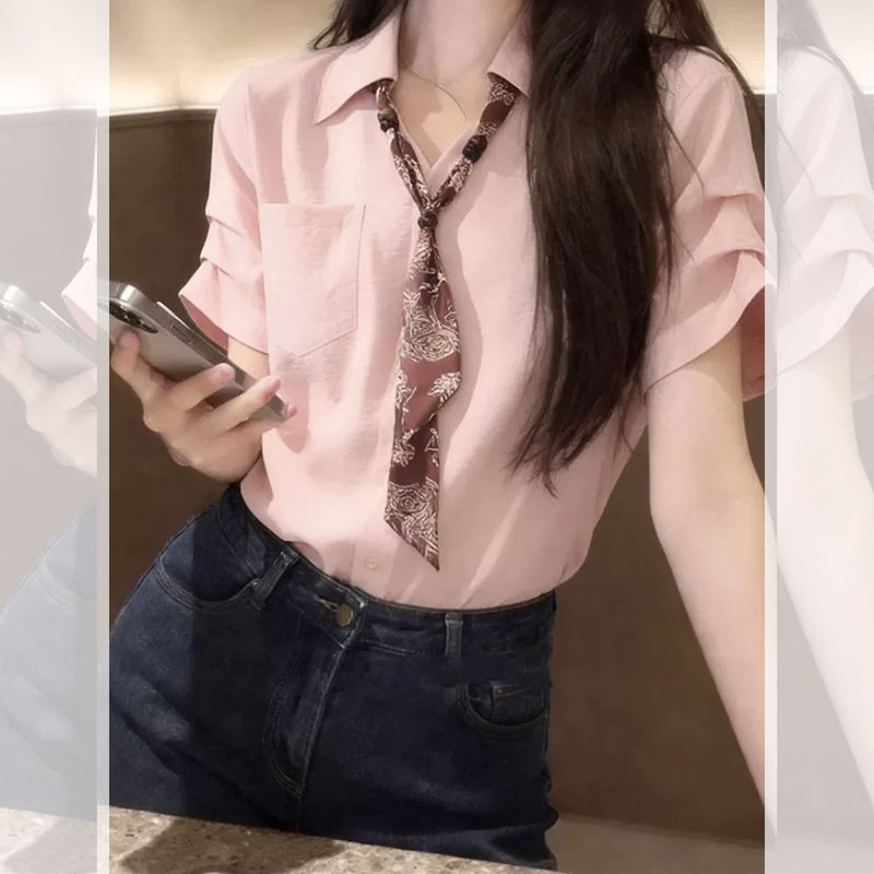 Korean-Style Elegant Silk Scarf Polo Collar Pink Shirt for Women, 2026 New Summer Relaxed Workwear Top