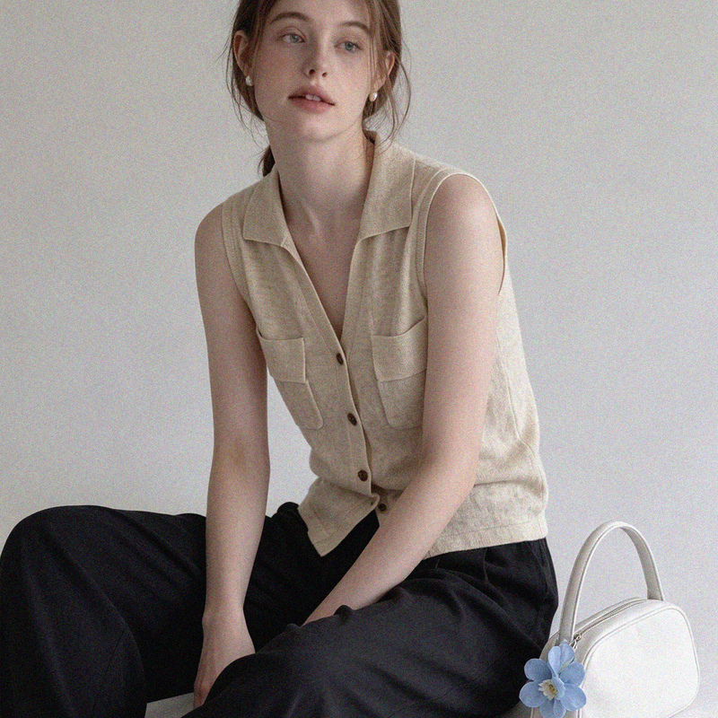 Old Money Style V-Neck Linen Knit Vest for Women, Summer Outerwear Sleeveless Polo Shirt, Slim Fit Top