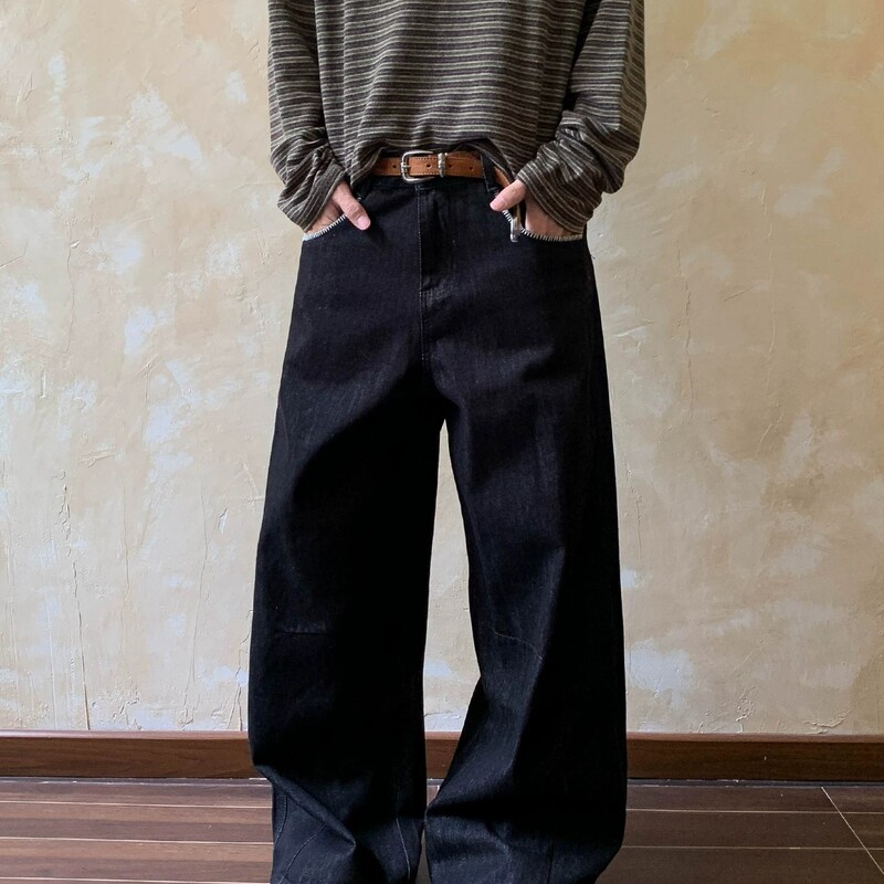 American Retro Hand-Stitched Washed Raw Denim Jeans for Men, Spring and Autumn Design with Embroidery, Casual Wide-Leg Pants American Retro Hand-Stitched Washed Raw Denim Jeans for Men, Spring and Autumn Design with Embroidery, Casual Wide-Leg Pants