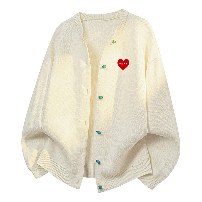 American Retro Lazy Style V-Neck Heart-Shaped Embroidered Knitted Cardigan for Men, Loose Fit, Skin-Friendly, Warm Sweater Jacket for Autumn