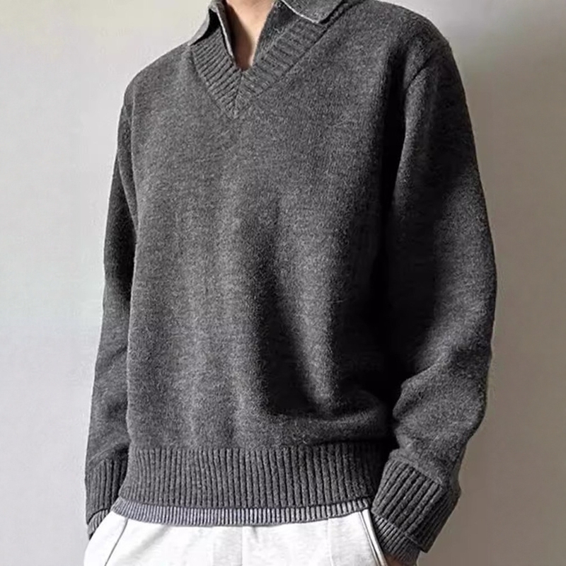 Cool Neutral Style High-Weight Sweater for Men, Autumn Season, Turn-Down Collar, Faux Two-Piece, Loose Fit, Warm Long-Sleeve Knit Top for Men Cool Neutral Style High-Weight Sweater for Men, Autumn Season, Turn-Down Collar, Faux Two-Piece, Loose Fit, Warm Long-Sleeve Knit Top for Men