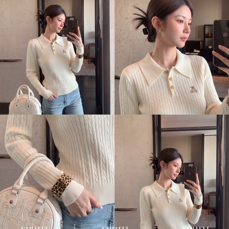 Korean-Style Bear Embroidery Cable Knit Sweater for Women, Autumn Half-Button Polo Collar Long-Sleeve Top, Thin Sweater for Single Wear Korean-Style Bear Embroidery Cable Knit Sweater for Women, Autumn Half-Button Polo Collar Long-Sleeve Top, Thin Sweater for Single Wear