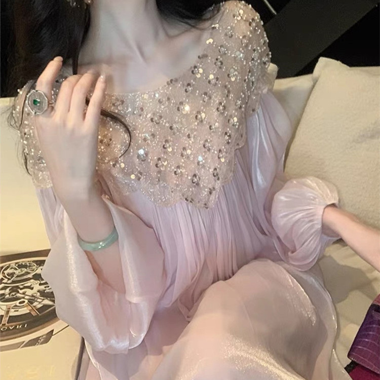 French-Style Heavy Beading and Sequin Pink Dress for Women, New Autumn Model, Elegant and High-End Loose-Fitting Long Dress
