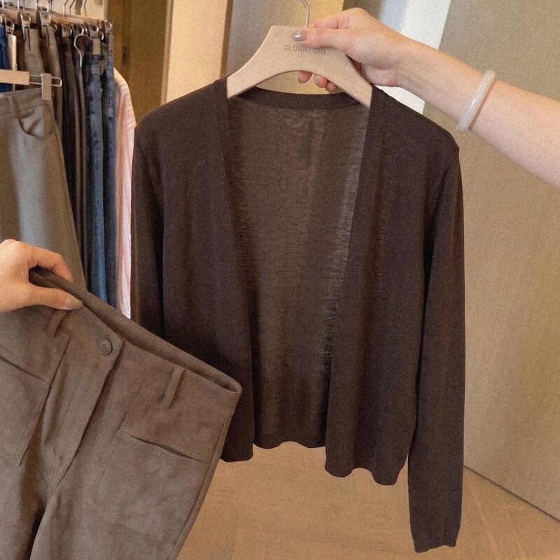 Early Autumn Korean-Style Dark Brown V-Neck Short Knitted Cardigan for Women, Thin Sun Protection Shirt, Loose Long-Sleeved Outer Jacket Early Autumn Korean-Style Dark Brown V-Neck Short Knitted Cardigan for Women, Thin Sun Protection Shirt, Loose Long-Sleeved Outer Jacket