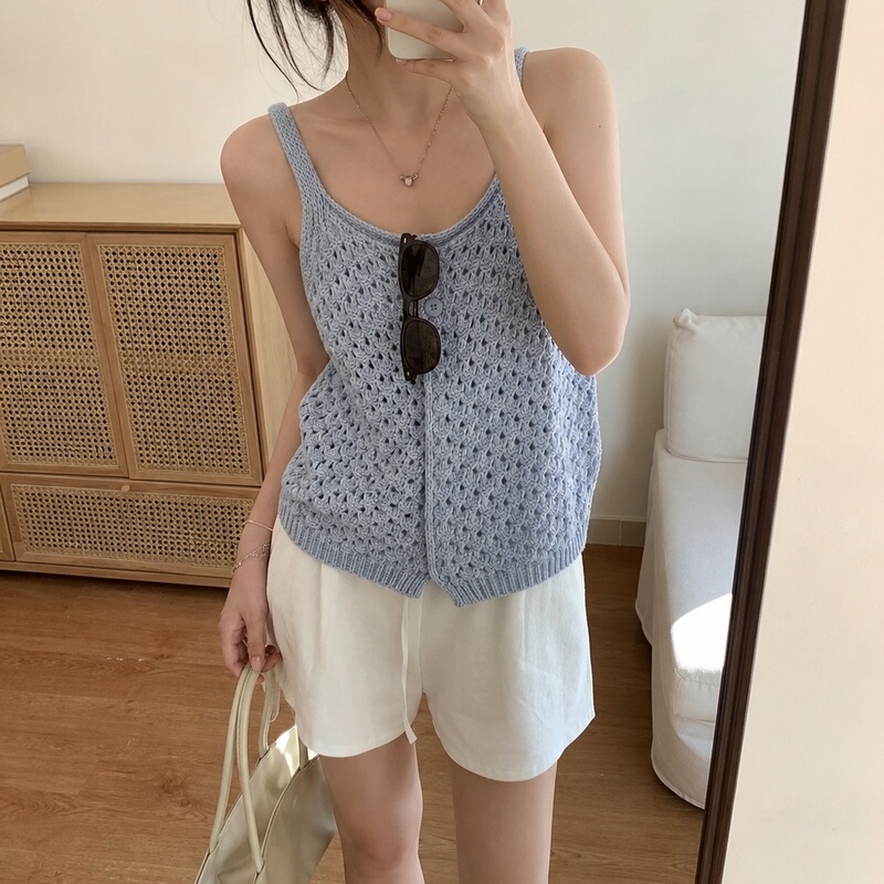 Knitted Camisole for Women 2026 Summer Light Blue Hollow-Out Crochet Loose Thin Korean Style Sweet Outerwear Top Knitted Camisole for Women 2026 Summer Light Blue Hollow-Out Crochet Loose Thin Korean Style Sweet Outerwear Top
