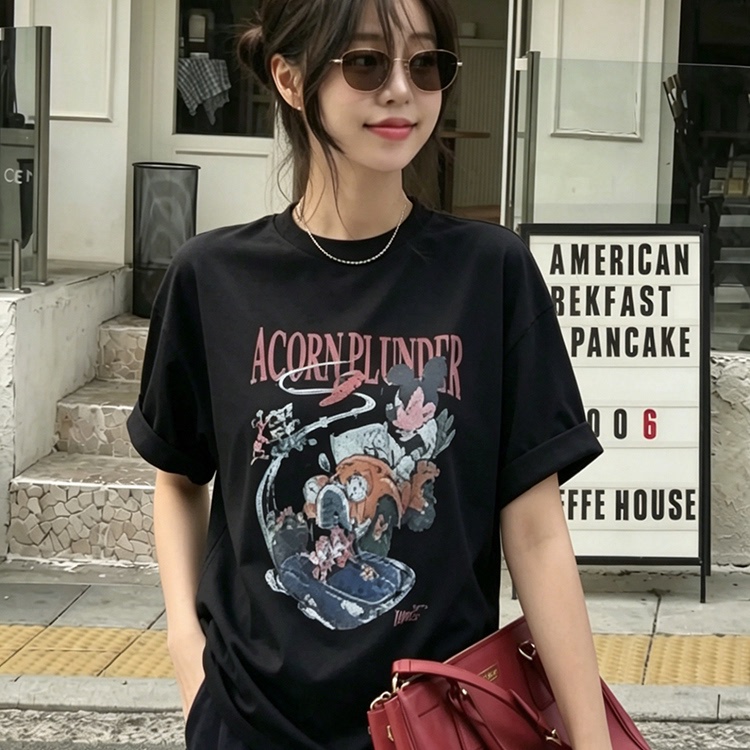 Age-Reducing Cartoon Mickey Print Design Korean Style Top for Women 2026 Summer New Pure Cotton Black Short-Sleeved T-Shirt Age-Reducing Cartoon Mickey Print Design Korean Style Top for Women 2026 Summer New Pure Cotton Black Short-Sleeved T-Shirt