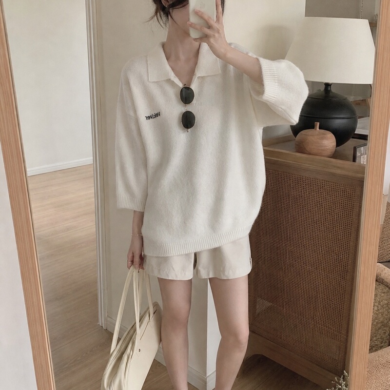 Knitted Sweater for Women, Pullover, Early Autumn 2026, Off-White, Polo Collar, Three-Quarter Sleeves, Loose Fit, Soft and Cozy, Korean Style, Lazy Style, New Arrival