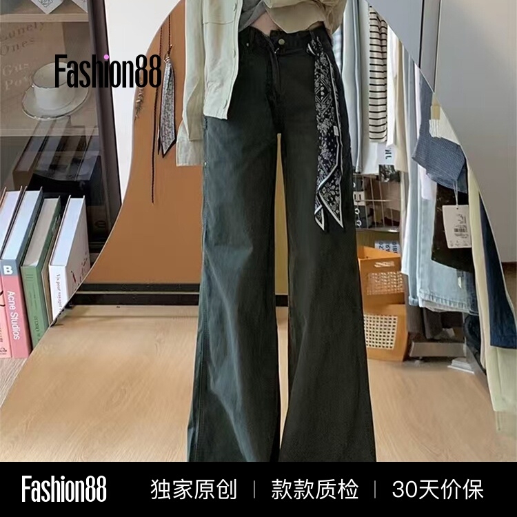 Petite American-Style Army Green Straight-Leg Workwear Jeans for Women, High-Waisted, Loose-Fitting, Height-Enhancing, Slimming Wide-Leg Pants Petite American-Style Army Green Straight-Leg Workwear Jeans for Women, High-Waisted, Loose-Fitting, Height-Enhancing, Slimming Wide-Leg Pants