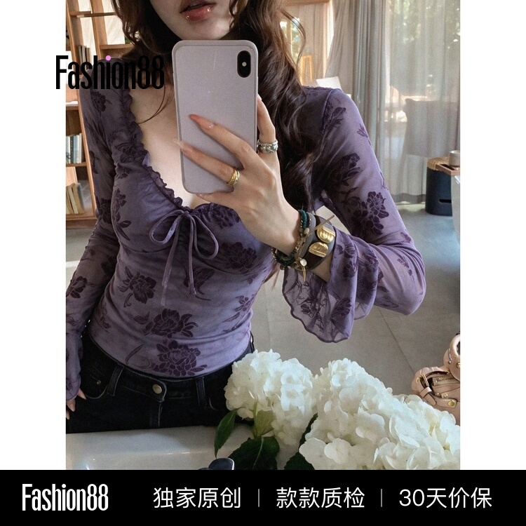 Designer Lace V-Neck Long-Sleeve Top for Women, 2026 Autumn Purple Tie-Waist Mesh Inner Layer Fairy-Style Blouse