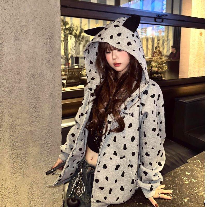 American-Style Full-Print Spotted Ear Hooded Sweatshirt for Women, New Autumn and Winter Loose Casual Versatile Couple's Cardigan Jacket Trendy American-Style Full-Print Spotted Ear Hooded Sweatshirt for Women, New Autumn and Winter Loose Casual Versatile Couple's Cardigan Jacket Trendy