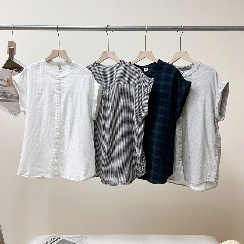 Japanese Commuter Style Round Neck Short-Sleeved Shirt for Women, Loose Double-Layer Cotton Gauze Plaid Sleeveless Top 417 H40902