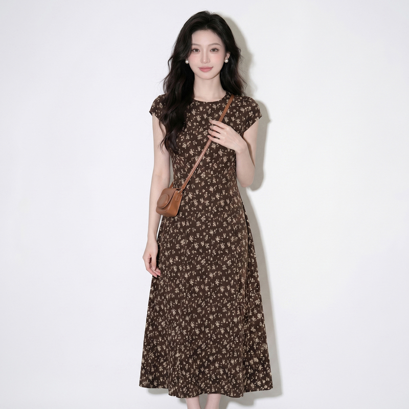 Luxury Summer 2026 New Vintage Style Black Round Neck Floral Dress Mid-Length Waist-Slimming Elegant Dress Luxury Summer 2026 New Vintage Style Black Round Neck Floral Dress Mid-Length Waist-Slimming Elegant Dress