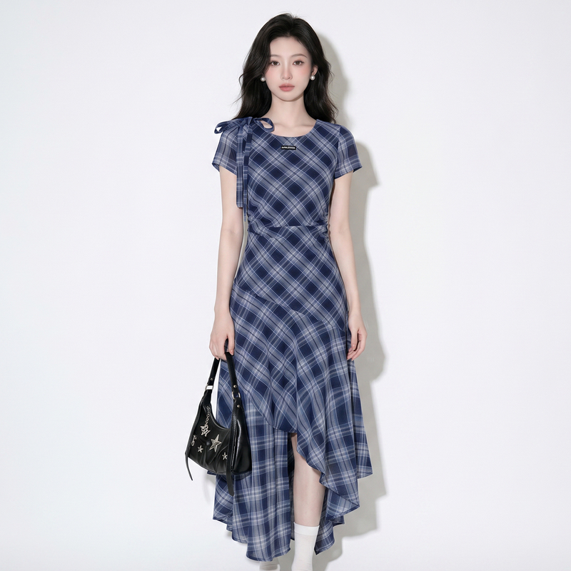 Luxury 2026 New Summer Fashion Commuter Style Bow-Knot Plaid Irregular Dress with Ruffles and Elegant Design