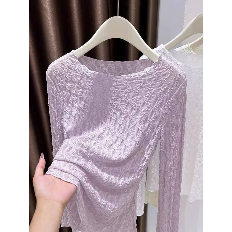 Purple Stylish and Elegant Floral Lace Off-The-Shoulder Base Shirt for Women, Summer Hem Slit T-Shirt, Mesh Top
