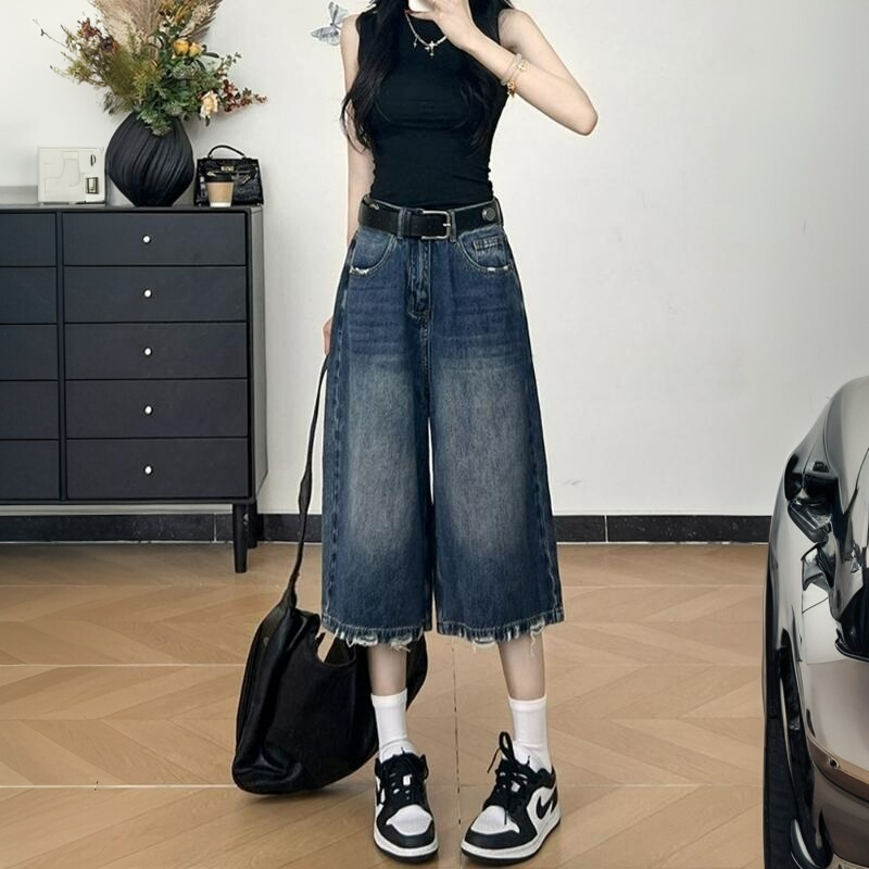 American-Style Distressed Loose-Fitting Cropped Jeans for Women, Summer Plus-Size Slimming High-Waisted Relaxed Casual Pants American-Style Distressed Loose-Fitting Cropped Jeans for Women, Summer Plus-Size Slimming High-Waisted Relaxed Casual Pants