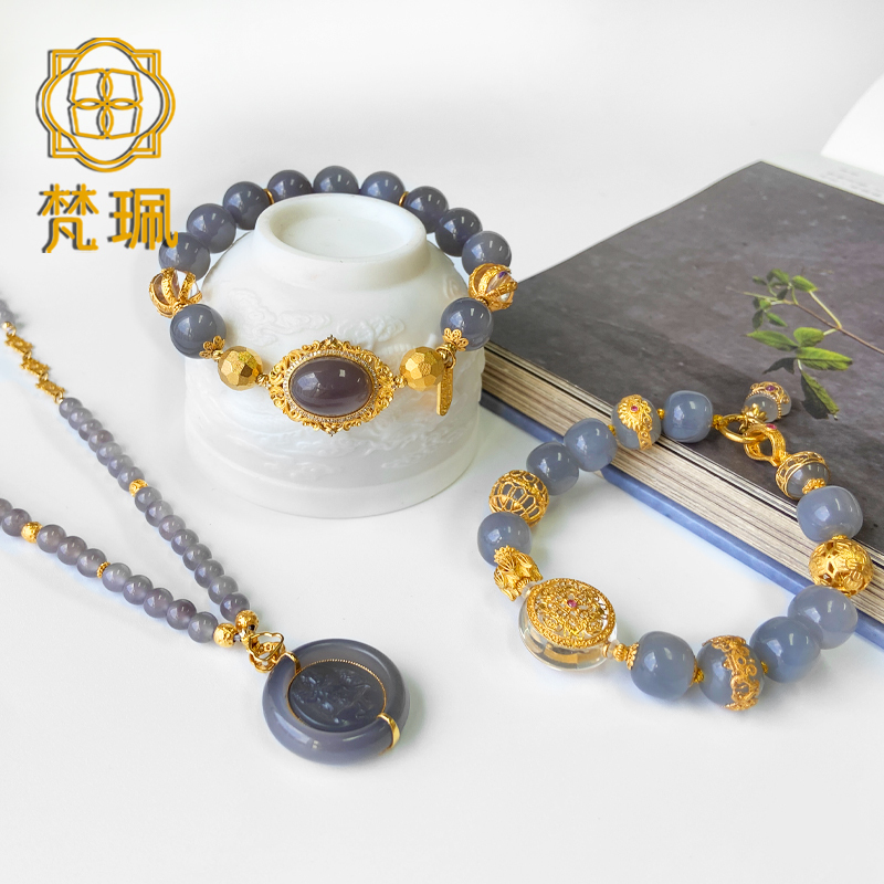 Fanpei Jewelry Hetian Jade Qinghai Material Smoke Purple Jade Bracelet Ice Base Smoke Purple Jade Southern Red Turquoise Jasper Long Chain