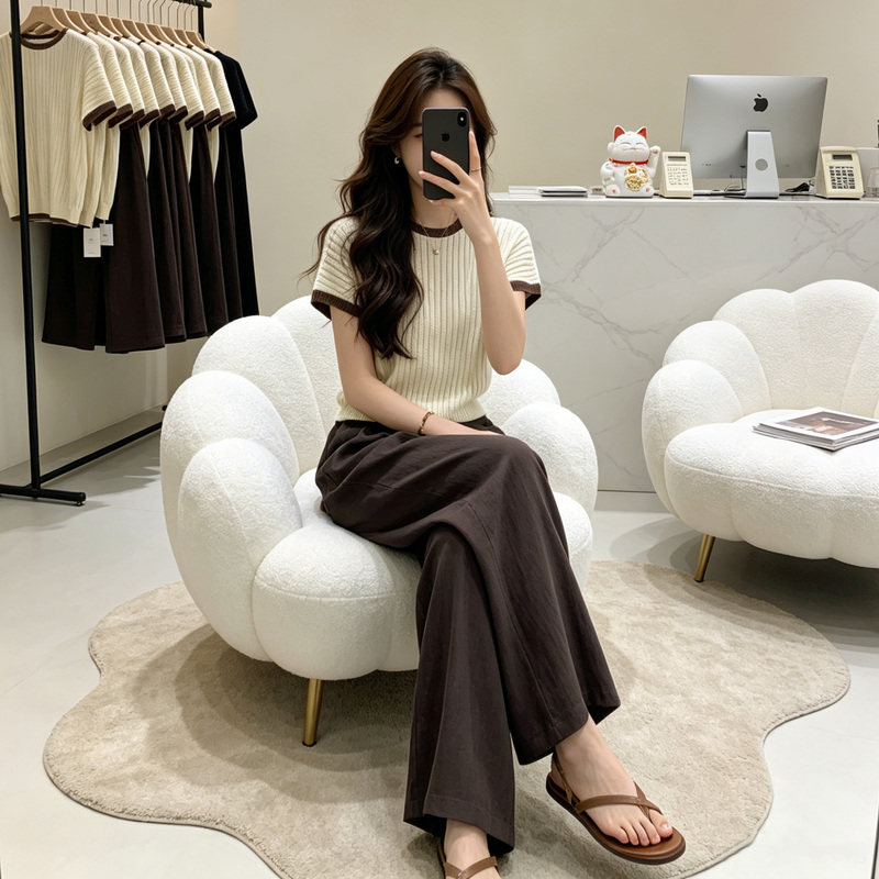Fashionable Women's Summer Outfit New Stylish Slim-Fit Knit Top Casual Wide-Leg Pants Elegant Short-Sleeve Two-Piece Set