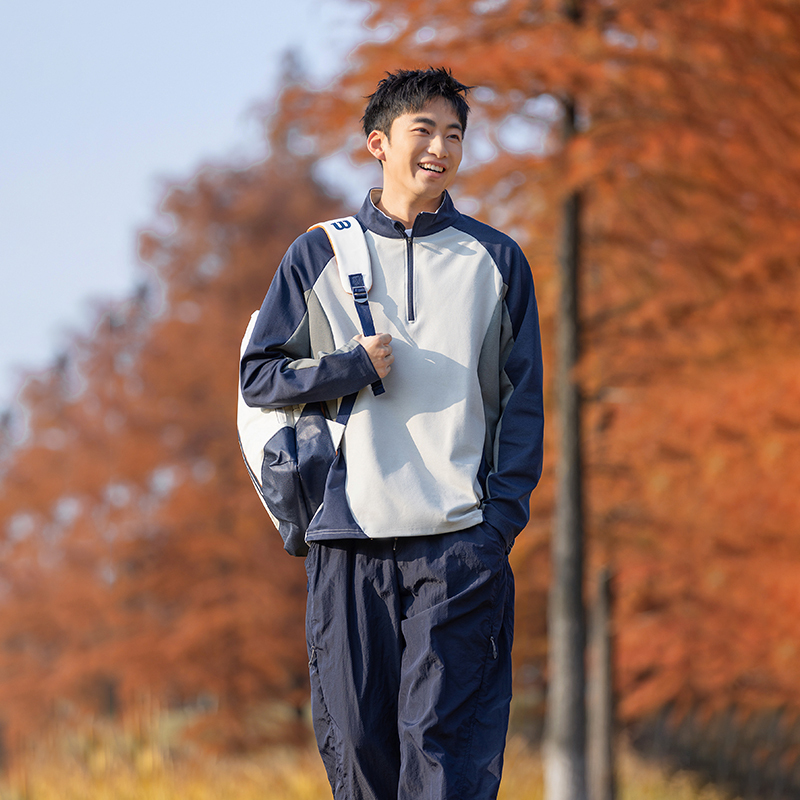 Spring New Style Outdoor Color-Blocked Stand-Up Collar Breathable Half-Zip Long-Sleeved T-Shirt Casual Sports Wind-Resistant Quick-Dry Loose Top