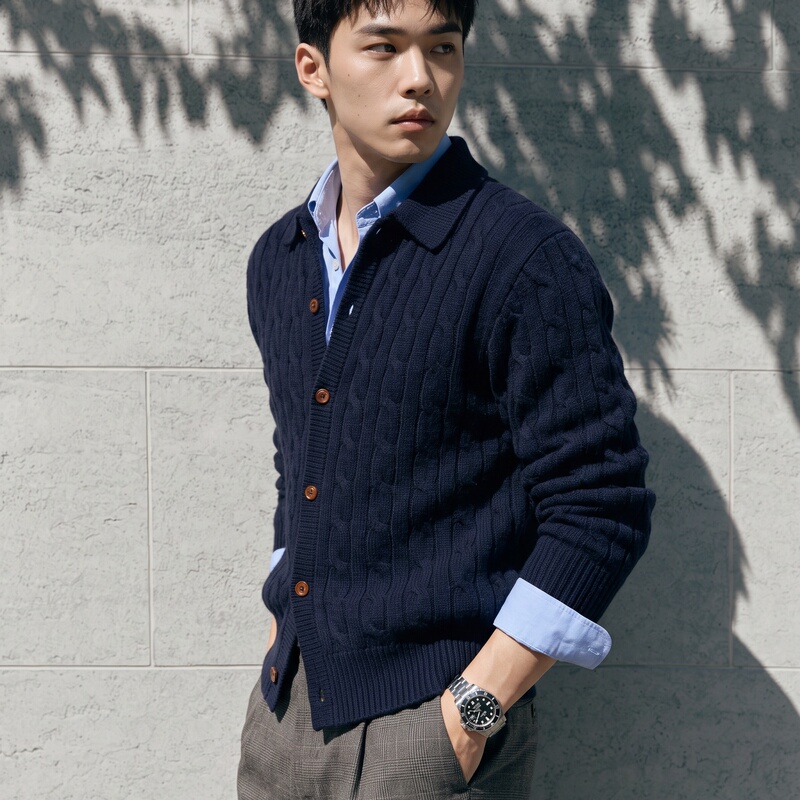 Retro Braided Twist Collar Navy Blue Knitted Cardigan Jacket for Men, British Style, College Style, High Weight Sweater for Men