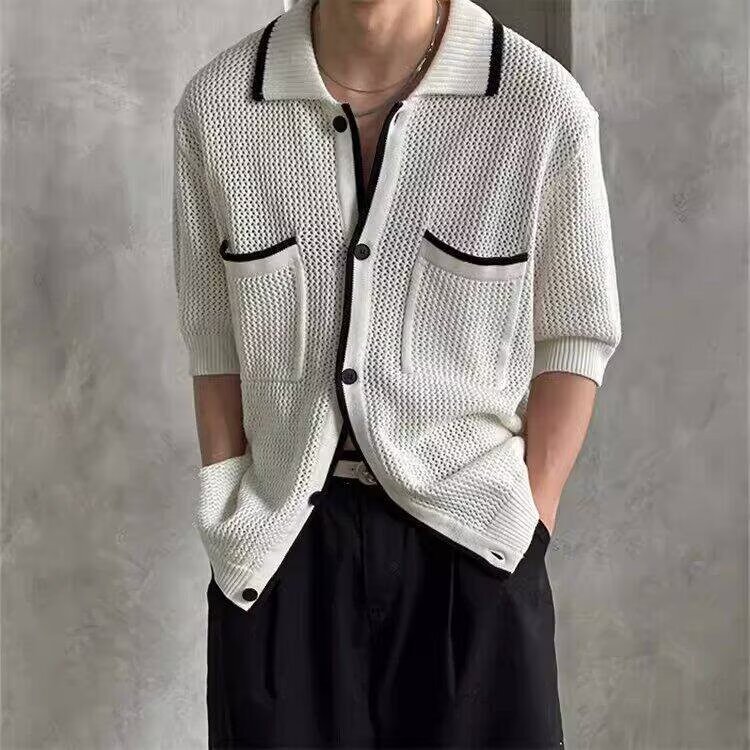 Chanel-Style Color-Blocked Hollow-Out Knit Cardigan Short-Sleeve T-Shirt for Men, Summer Casual High-End Commuter Turn-Down Collar Top
