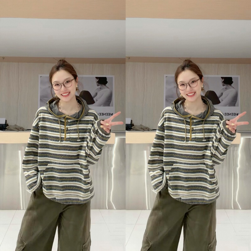 Zhu Zhu 08.18【Sm】8508 "Everyone Keeps Their Own Share" Hooded Striped Top # Limited Purchase for Single Orders