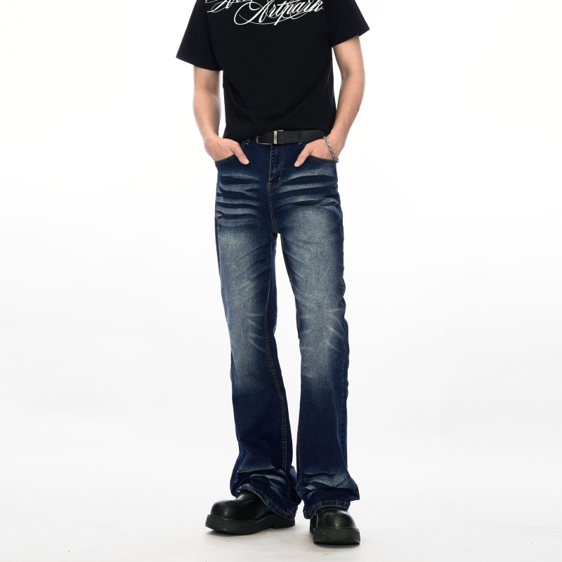 Escape Plan Deep Sea Blue Distressed Flared Jeans for Men New American Style Washed Cat Whiskers Straight Pants
