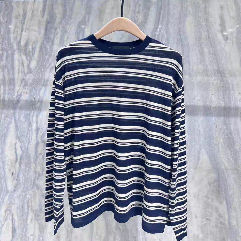 Authentic Knitwear 2025 Autumn New Product Fine Merino Wool Cotton Yarn Hollow Blended Striped Drop Shoulder Mbe3Swt014