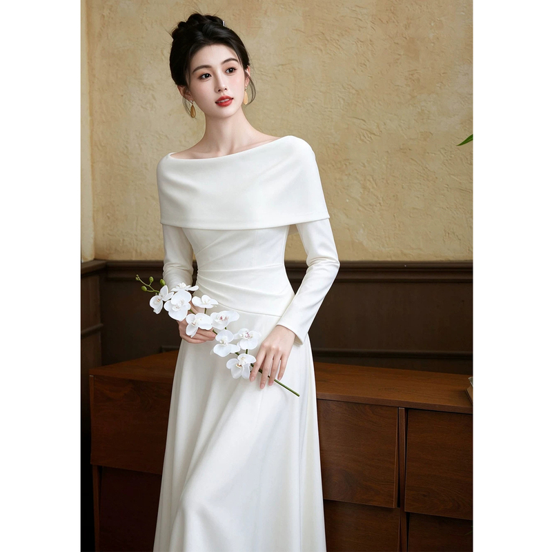 White Long-Sleeved Engagement Dress for Marriage Registration, New 2026 Style, High-End, Elegant and Graceful Wedding Casual Wear White Long-Sleeved Engagement Dress for Marriage Registration, New 2026 Style, High-End, Elegant and Graceful Wedding Casual Wear