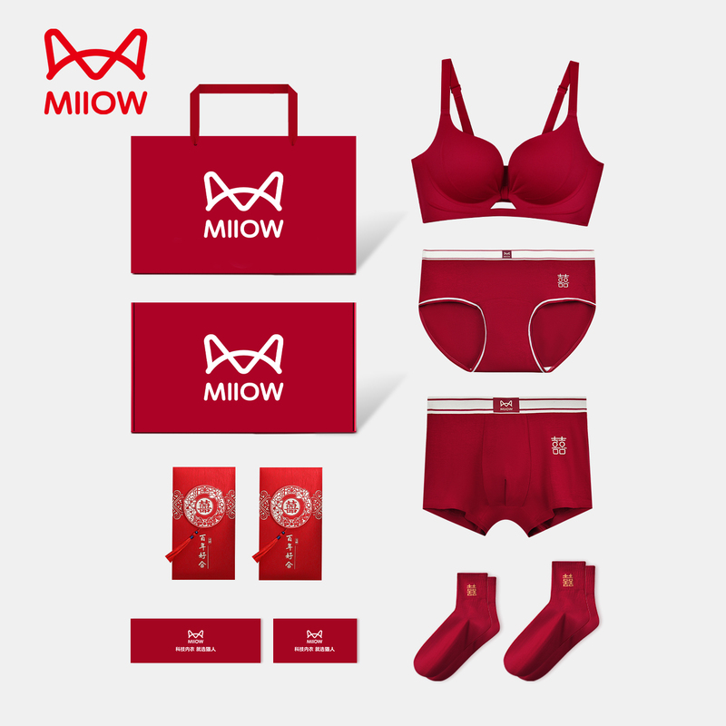 Red Lingerie Set for Women, Wedding Bride, Small Bust, Push-Up, Zodiac Year Bra, Panties, Socks Set, Bridal Dowry Set