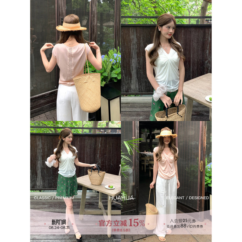 【Flower】Lace Is Mesmerizing~ Lyocell Wool Twisted V-Neck Slimming Backless Lace Short-Sleeve Top T-Shirt