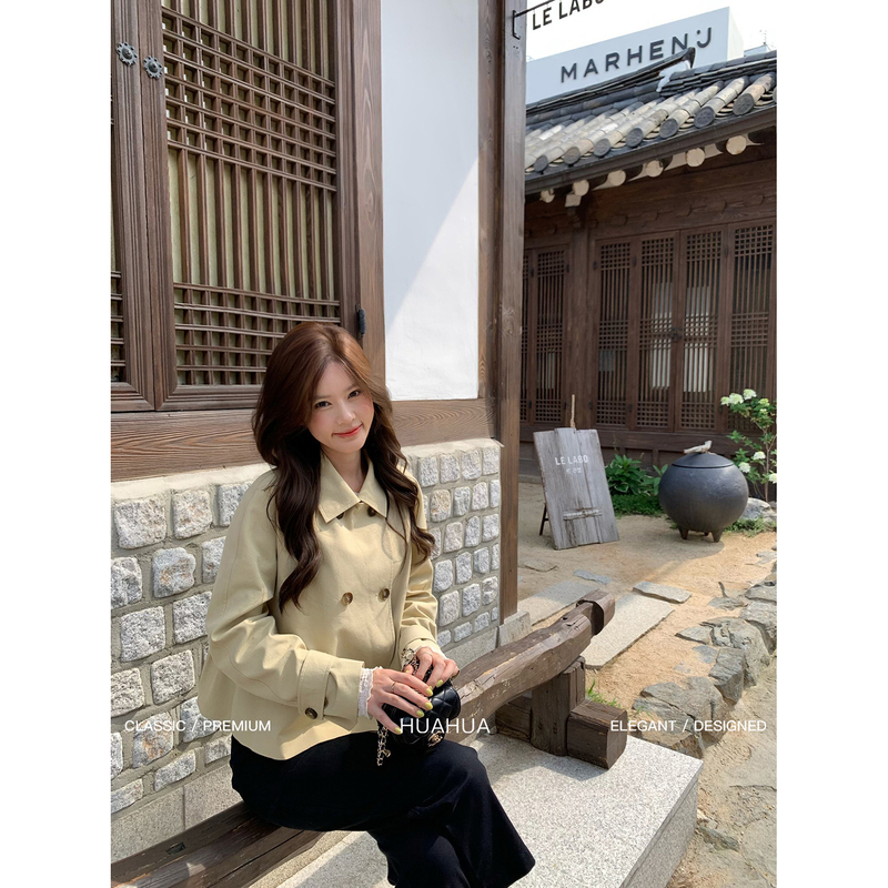 [Flower Flower] New York Old Fashion ~ Korean-Style Classic Double-Breasted Lapel Pleated Trench Coat Short Jacket with Elegance