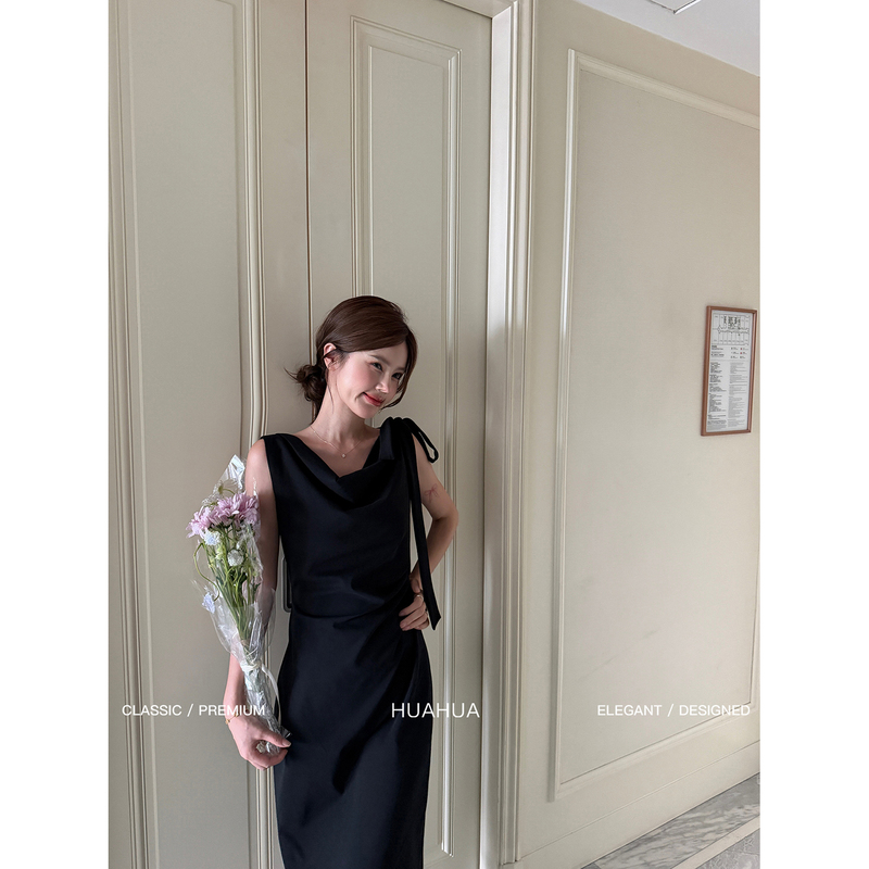 【Flower Flower】Miss Hera~ Korean-Style Elegant Tie-Neck Off-Shoulder Two-Way Wear Irregular Waist-Cinching Dress